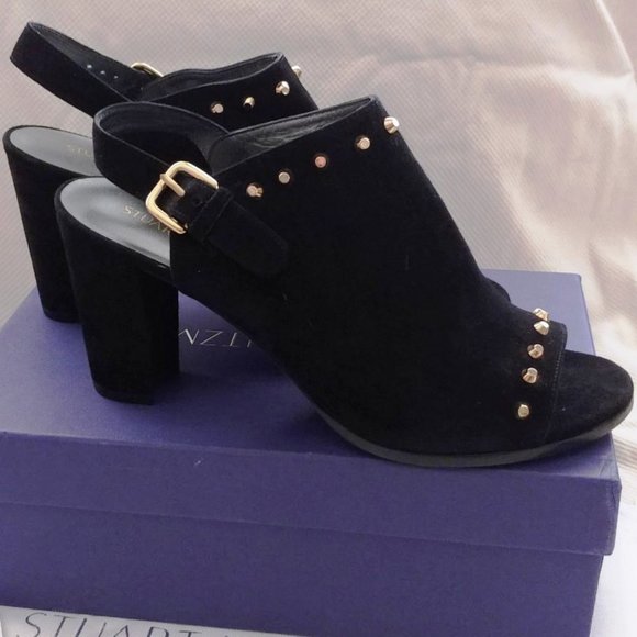 Stuart Weitzman Commodore Black Suede Slingbacks Open Toe 3.75 Heel Size 10 NIB - Picture 5 of 7